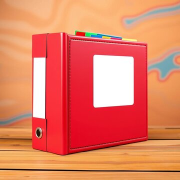 Vibrant cartoon red binder with colorful tabs, stationery, folders
