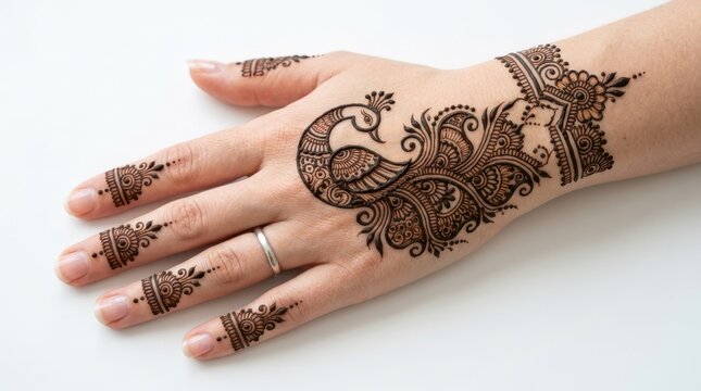 Detailed henna design adorns the back of a hand against a white background mehndi ornament floral peacock paisley intricate pattern temporary tattoo bodyart
