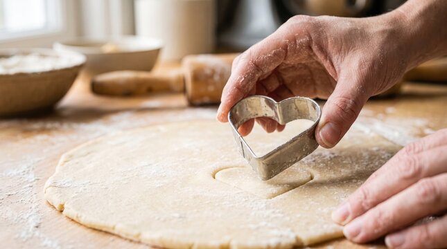 A person uses a heart-shaped cookie cutter on rolled dough in a kitchen. Flour covers the table, and other baking tools are nearby. The scene shows food preparation