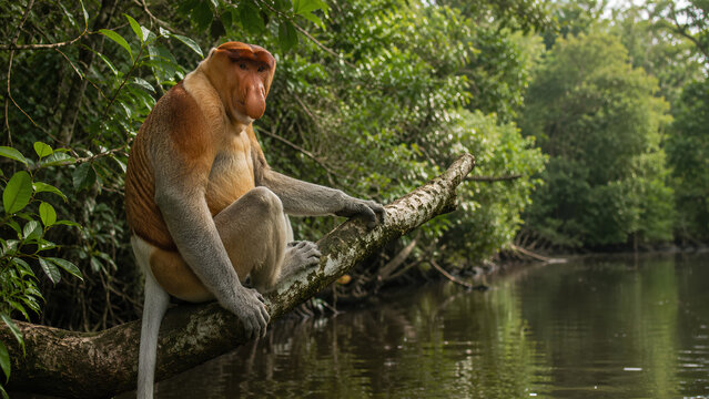 Proboscis Monkey Resting on a Mangrove Branch Above a Bornean River