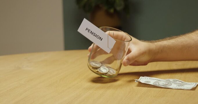 Person emptying a nearly empty jar labeled &ldquo;Pension,&rdquo; representing insufficient retirement funds, pension shortage, financial insecurity and cost-of-living pressure.