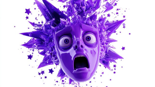 3d render of a purple stylized character face with a shocked expression and exploding crystal shards isolated on white background