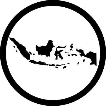 Minimalist Indonesia map icon, black silhouette of Indonesian archipelago in circle, clean geographic vector illustration for travel apps