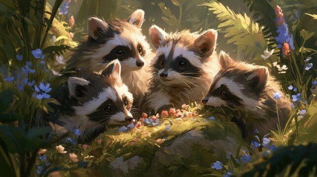 Three adorable raccoon kits exploring a sunlit forest glade filled with wildflowers