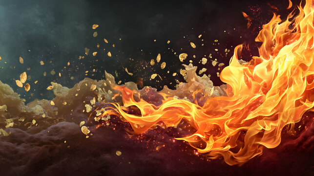 Vibrant flames dance amidst swirling smoke and golden particles, creating dramatic visual effect