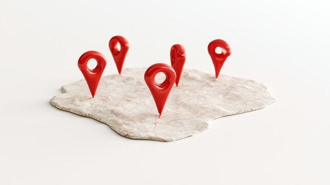 3d render of red map pins on a textured map surface isolated on white background
