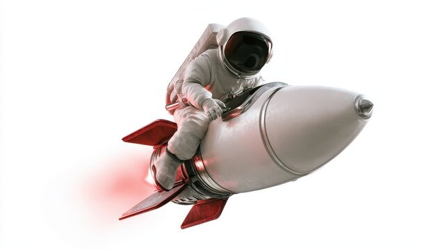 Astronaut riding a rocket isolated on white background