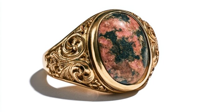 Ornate gold ring featuring a patterned rhodonite stone isolated on white background