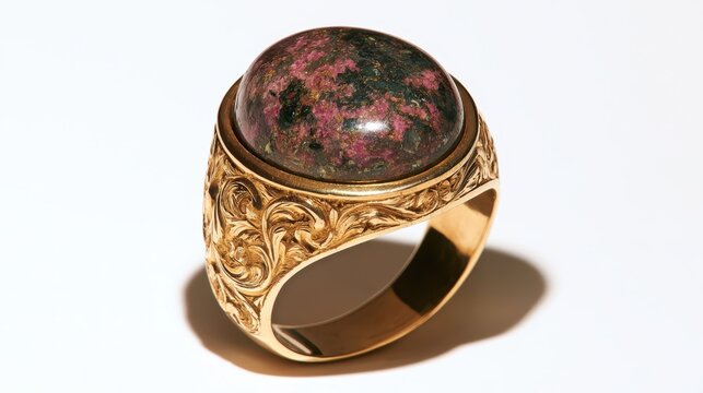 Ornate gold ring featuring a large cabochon ruby zoisite stone, isolated on white background