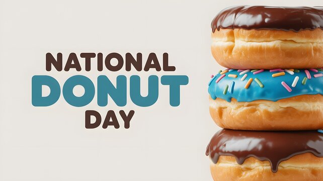 A stack of delicious glazed donuts with chocolate and blue icing celebrating national donut day holiday event