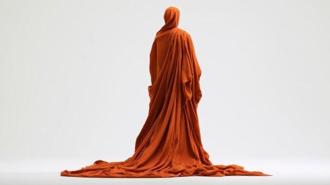 A person wearing a hooded orange textured garment with a long train, standing against a clean white background