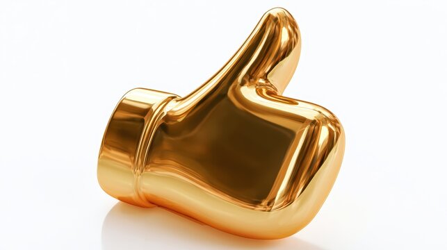 3d render of a glossy golden thumbs up icon isolated on white background