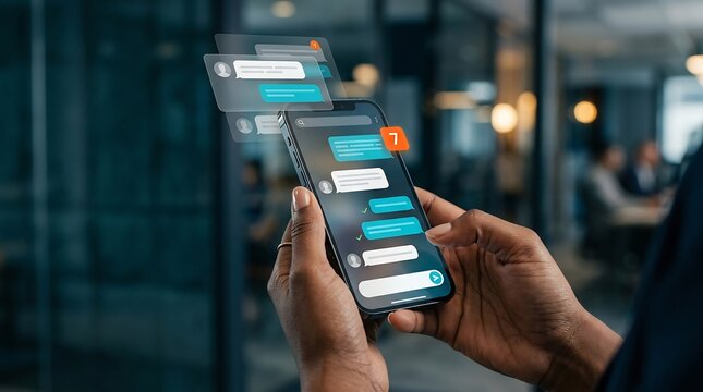 Hands holding smartphone with holographic chat messages