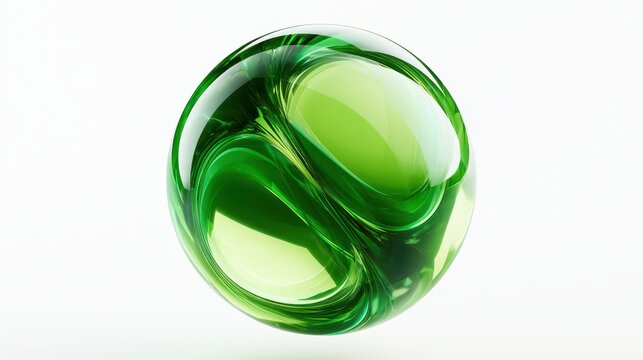 Abstract 3d render of a green glass sphere with complex internal vortex patterns isolated on white background