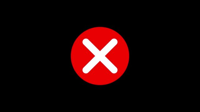 Red cross mark animated error icon rotating on black background