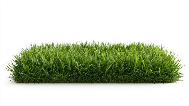 Side view of a square patch of lush green grass isolated on white background