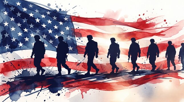 Silhouette of soldiers walking with rifles against a watercolor background of the American flag.