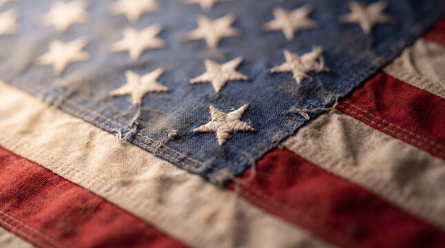A detailed, shallow depth of field shot of an antique United States flag, showing texture and wear on its stars and stripes.