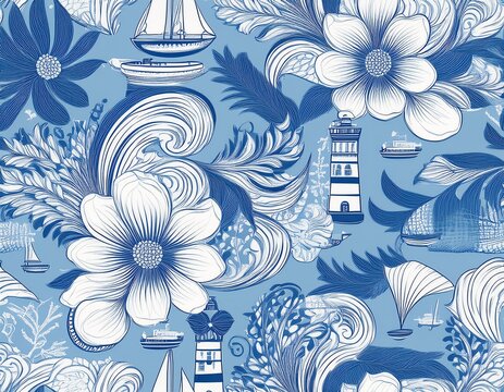 toile de jouy voyage seamless pattern blue and white