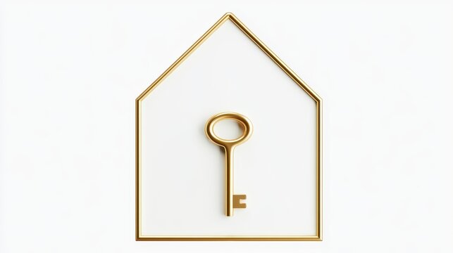 Minimalist golden house outline frame with a key inside isolated on white background