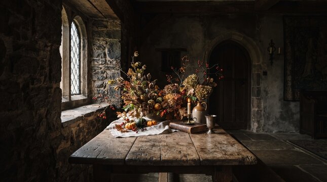 Rustic autumnal still life with pumpkins and dried flowers on wooden table in dark medieval stone interior with window