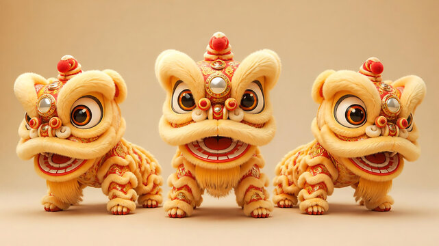 Three cute chibi Chinese lion dance figures. Traditional lunar new year 3D character design.