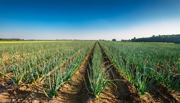 healthy onion field during peak summer growth season with clear skies above