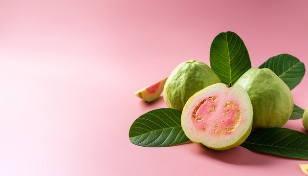 fresh and juicy guava fruits with half cut and green leaves on pink background for healthy food concept