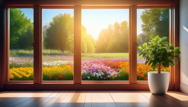 interior with a large window looking out onto a colorful flower garden the window has a brown frame and multiple panes a small green plant in a white pot on the floor sunshine