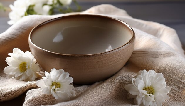 handmade ceramic bowl sits on a cozy towel with delicate white flowers