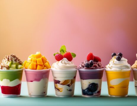 assorted frozen yogurt cups with various toppings and flavors arranged appealingly against a bright background