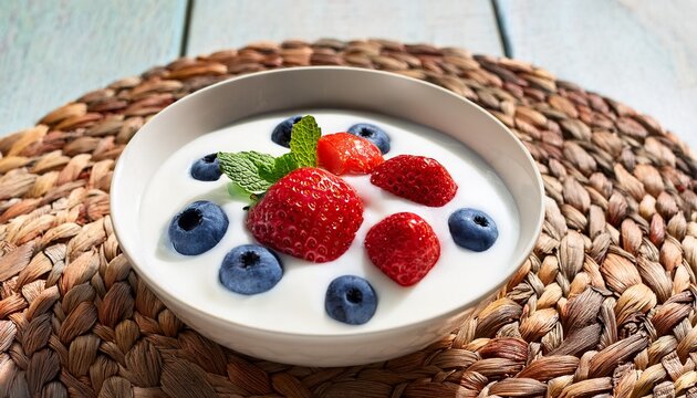 dessert bowl containing white yogurt ripe red strawberries plump blue blueberries and a sprig of mint is centrally placed on a round woven straw placemat nature and bright lighting