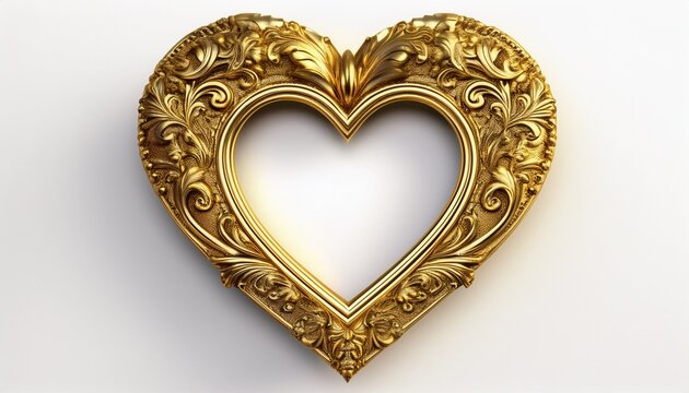 ornate vintage gold heart shaped picture frame isolated on white