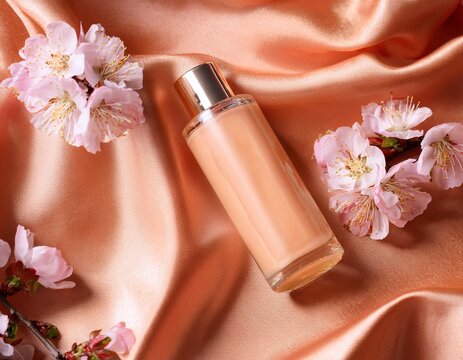 cherry blossoms and a cosmetic bottle on peach satin