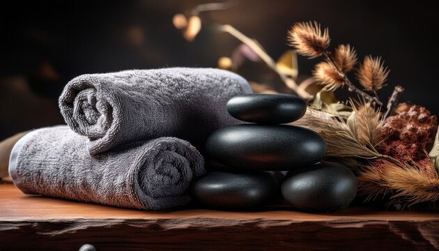 dark river stones paired with rolled towels and dried botanicals