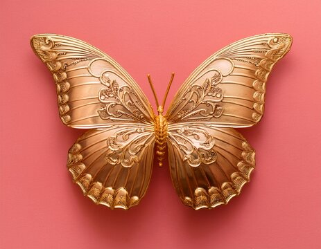 close up top down shot on a pinkish coral background showcasing a golden ornate butterfly its wings feature intricate filigree patterns copy space