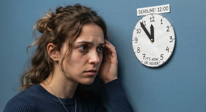 Stressed woman looking at a paper clock with "Deadline: 12:00" warning