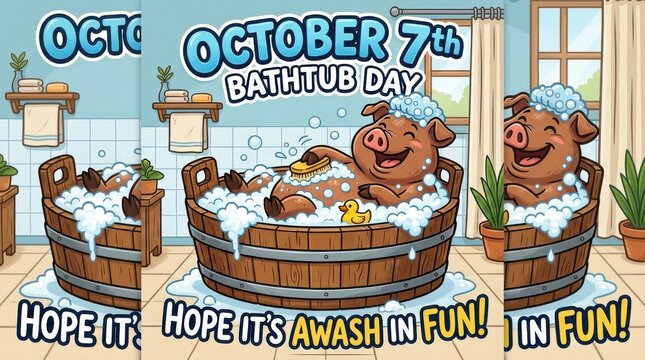 Pigs enjoying bubble baths in wooden tubs represent a festive october seventh bathtub day celebration bath bathtubs bubbles cartoon cheerful cleanliness comfort domestic