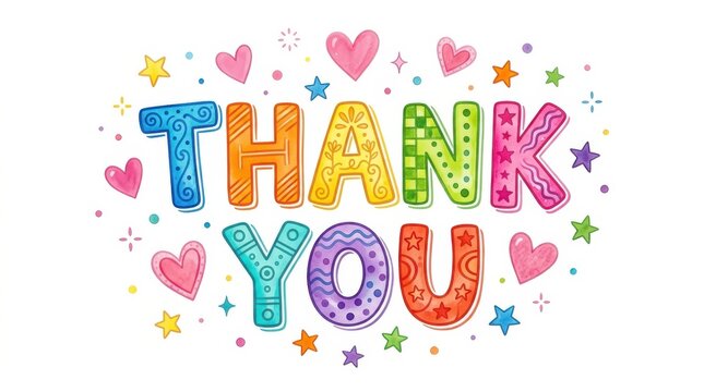 Colorful watercolor lettering spells thank you surrounded by stars and hearts on a white background appreciation typography gratitude thankfulness holiday celebration greeting card