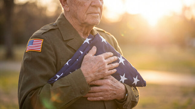 An elderly US soldier in uniform lovingly holds a folded American flag against his chest as the sun sets behind him.