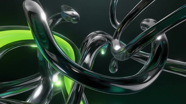 Abstract 3d cgi futuristic liquid chrome and glowing neon green glass tubes animation motion background 4k