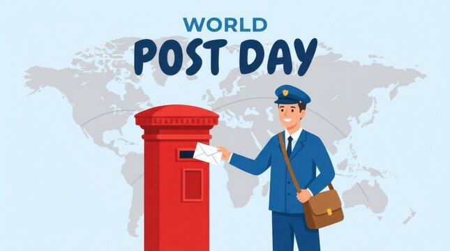 A postman delivers mail into a red postal box against a world map backdrop mailman postalworker lettercarrier delivery post correspondence envelope postcard redmailbox