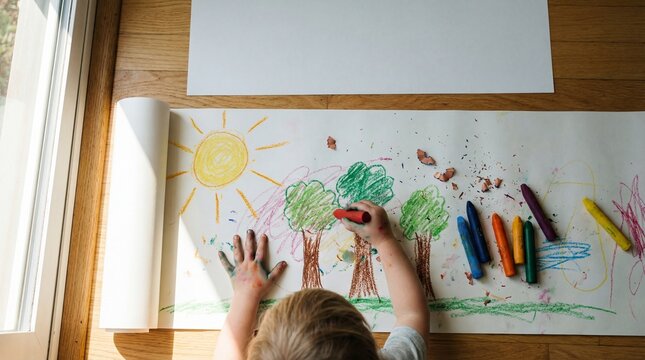 top view of caucasian child drawing green trees and yellow sun with crayons on large paper roll. early education, childhood creativity and art hobby. banner, website header with copyspace.
