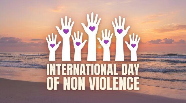 White hand silhouettes with purple hearts overlay a scenic beach sunset for international day of non violence coastline daylight equality freedom gesture