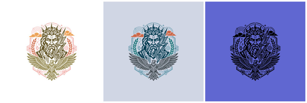 Zeus Greek God Vector Logo with Thunderbolt and Eagle Illustration