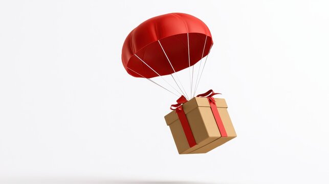 Red parachute delivering a gift box with red ribbon, isolated on white background