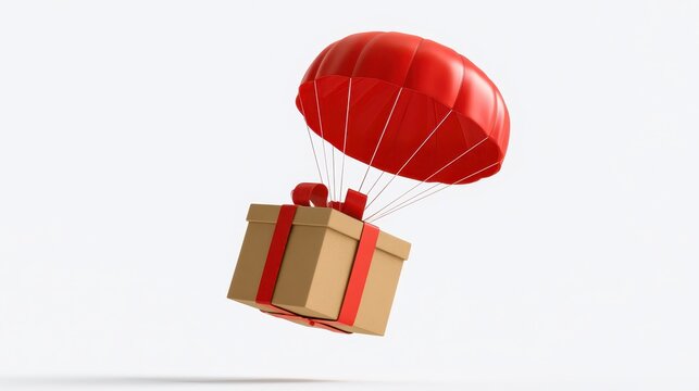 Red parachute delivering a gift box with red ribbon, isolated on white background