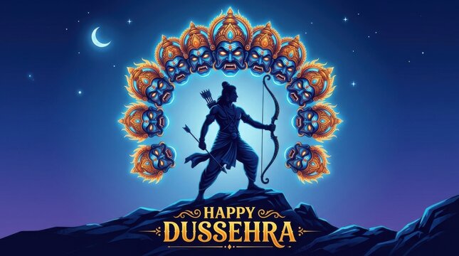 A depiction of rama aiming his bow surrounded by ten headed effigy showcases a vibrant vector illustration ramayana dussehra vijayadashami hinduism mythology