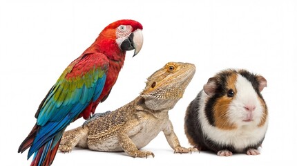 Fototapeta premium diverse group of pets including colorful macaw parrot, bearded dragon lizard and cute guinea pig isolated on white background. exotic animal veterinary care. banner, website header, copyspace.