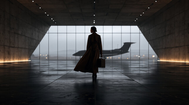 Businesswoman Walking Toward Private Jet inside Modern Hangar